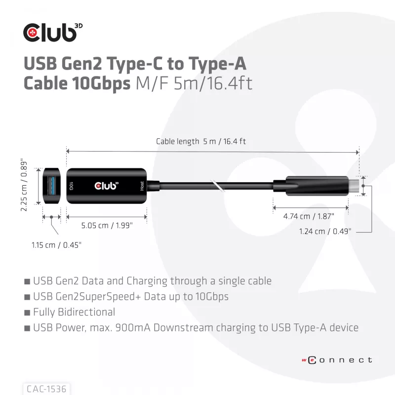 Club 3D CAC-1536 USB 3.2 Gen2 Typ-C auf Typ-A Verlängerungskabel, 10 Gbit/s, Stecker/Buchse, 5 m, schwarz