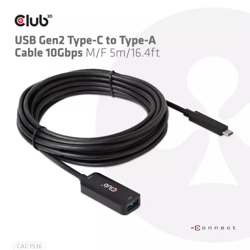 Club 3D CAC-1536 USB 3.2 Gen2 Typ-C auf Typ-A Verlängerungskabel, 10 Gbit/s, Stecker/Buchse, 5 m, schwarz