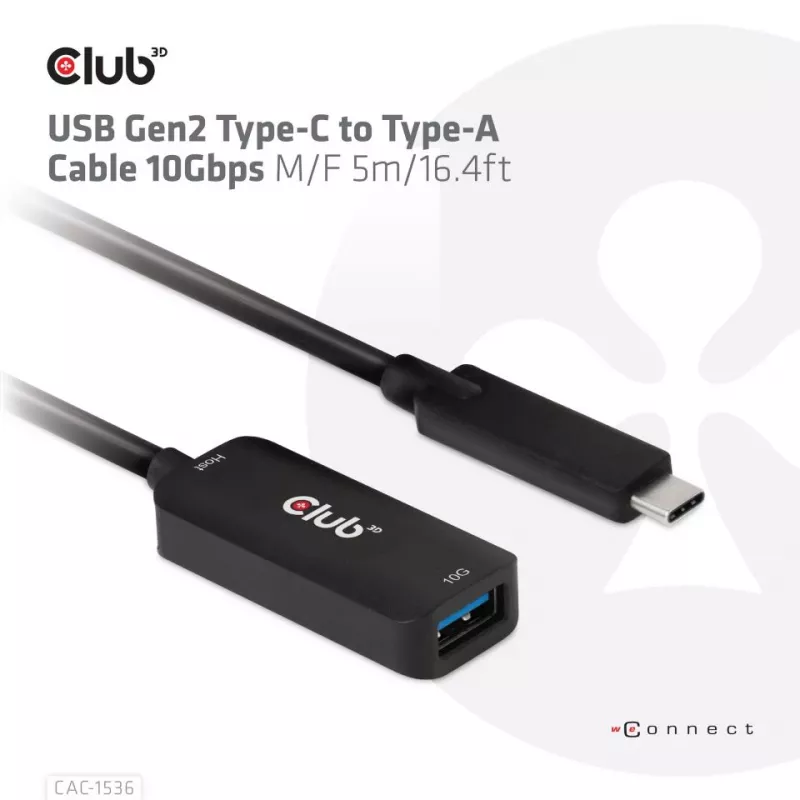 Club 3D CAC-1536 USB 3.2 Gen2 Typ-C auf Typ-A Verlängerungskabel, 10 Gbit/s, Stecker/Buchse, 5 m, schwarz