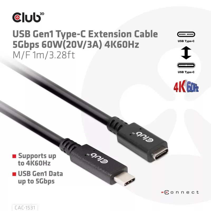 Club 3D CAC-1531 USB-C-Verlängerungskabel St./Bu., 1 m, USB 3.2 Gen 1, 5 Gbit/s, 60 W, 4K 60 Hz, schwarz