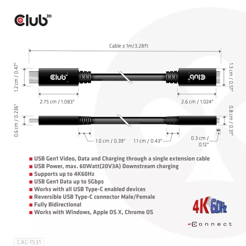 Club 3D CAC-1531 USB-C-Verlängerungskabel St./Bu., 1 m, USB 3.2 Gen 1, 5 Gbit/s, 60 W, 4K 60 Hz, schwarz