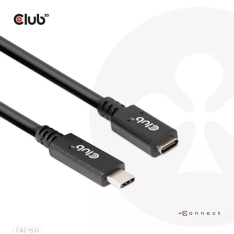 Club 3D CAC-1531 USB-C-Verlängerungskabel St./Bu., 1 m, USB 3.2 Gen 1, 5 Gbit/s, 60 W, 4K 60 Hz, schwarz