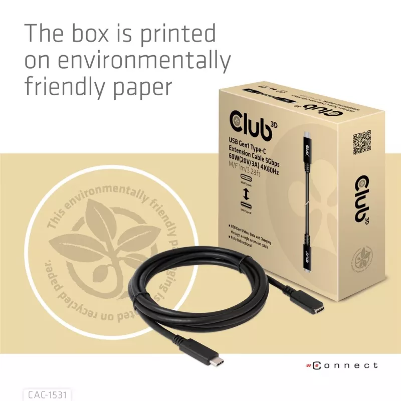 Club 3D CAC-1531 USB-C-Verlängerungskabel St./Bu., 1 m, USB 3.2 Gen 1, 5 Gbit/s, 60 W, 4K 60 Hz, schwarz
