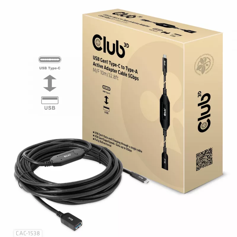 Club 3D CAC-1538 USB-C auf USB-A aktives Kabel, USB 3.2 Gen1 5 Gbit/s, Stecker/Buchse, 10 m, schwarz