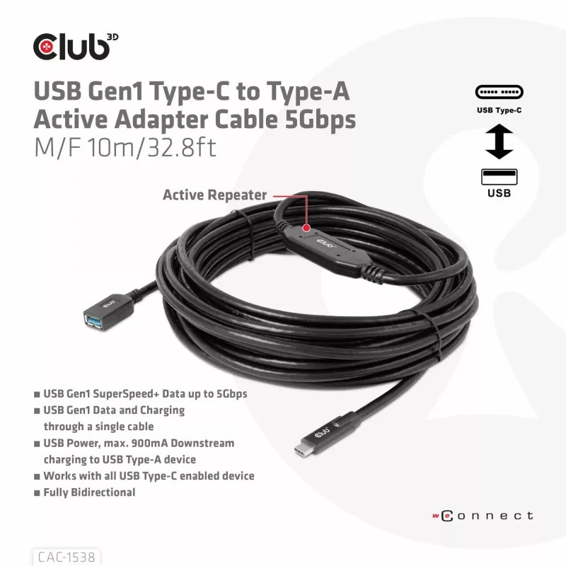 Club 3D CAC-1538 USB-C auf USB-A aktives Kabel, USB 3.2 Gen1 5 Gbit/s, Stecker/Buchse, 10 m, schwarz
