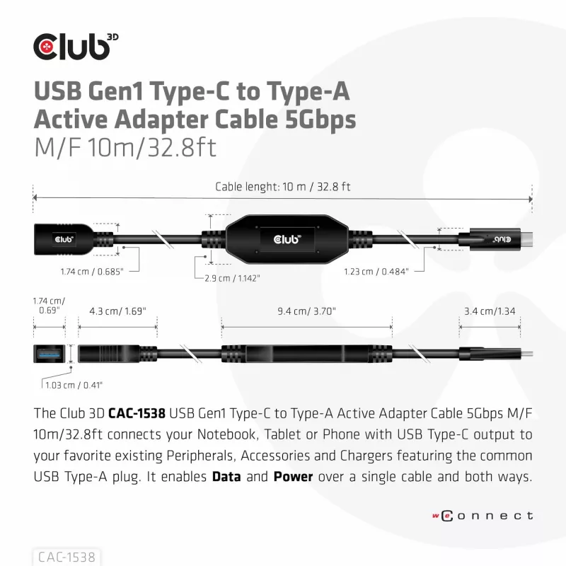Club 3D CAC-1538 USB-C auf USB-A aktives Kabel, USB 3.2 Gen1 5 Gbit/s, Stecker/Buchse, 10 m, schwarz