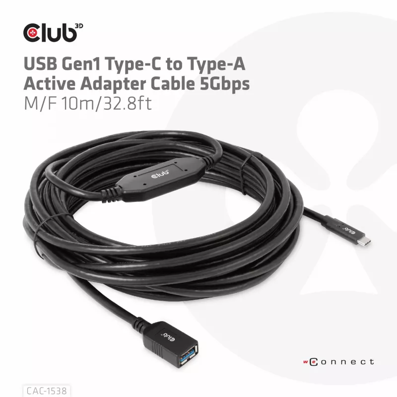 Club 3D CAC-1538 USB-C auf USB-A aktives Kabel, USB 3.2 Gen1 5 Gbit/s, Stecker/Buchse, 10 m, schwarz