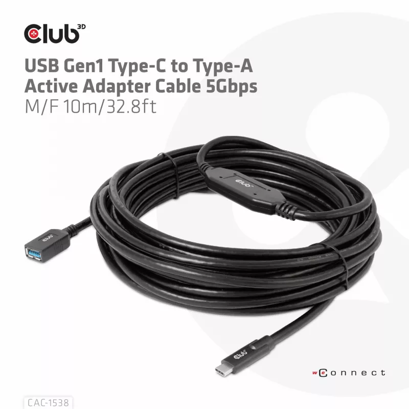 Club 3D CAC-1538 USB-C auf USB-A aktives Kabel, USB 3.2 Gen1 5 Gbit/s, Stecker/Buchse, 10 m, schwarz