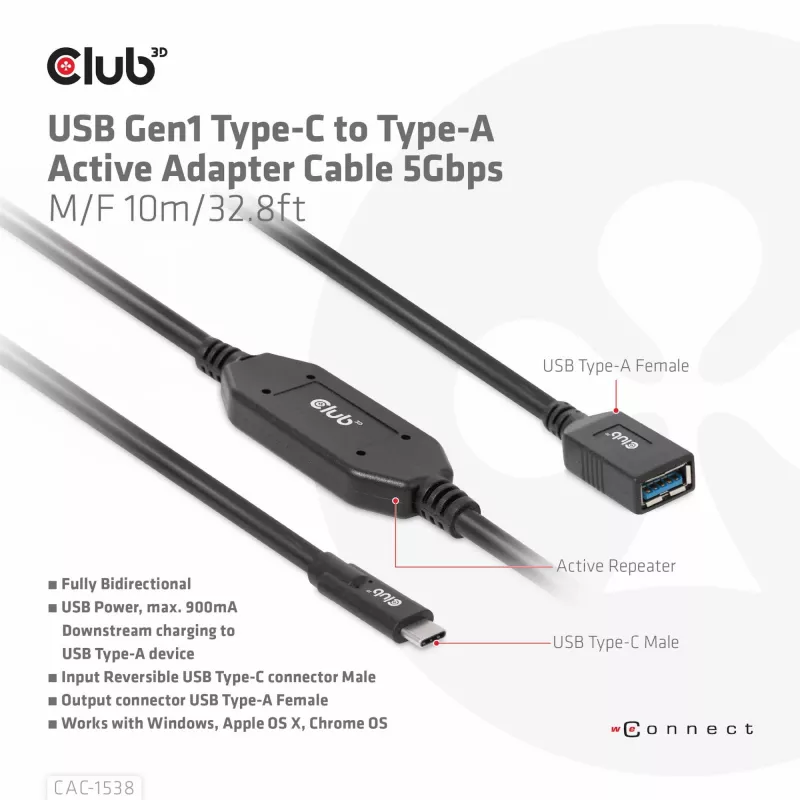 Club 3D CAC-1538 USB-C auf USB-A aktives Kabel, USB 3.2 Gen1 5 Gbit/s, Stecker/Buchse, 10 m, schwarz