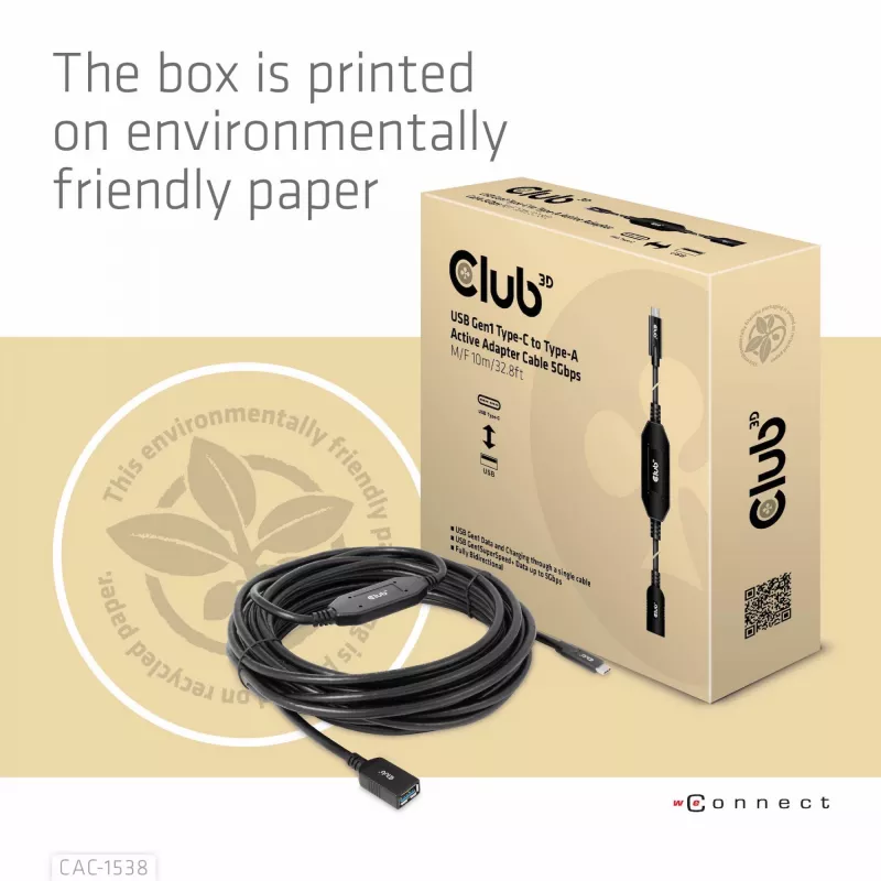 Club 3D CAC-1538 USB-C auf USB-A aktives Kabel, USB 3.2 Gen1 5 Gbit/s, Stecker/Buchse, 10 m, schwarz