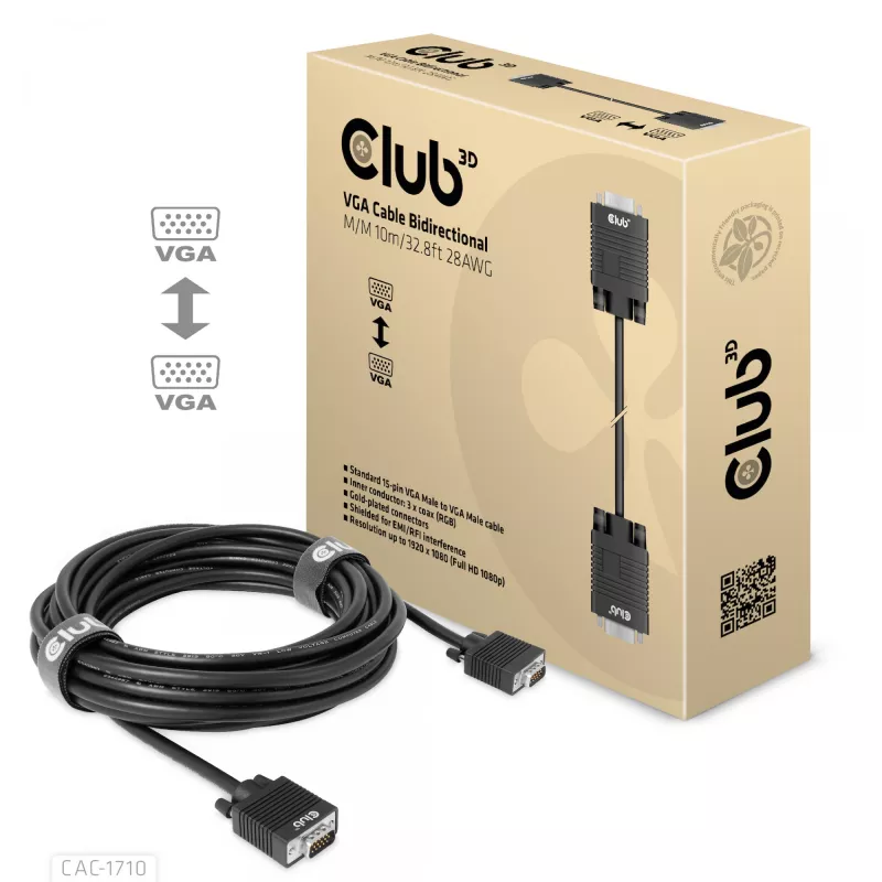 Club 3D CAC-1710 VGA-Kabel HD-15 Stecker/Stecker, bidirektional, 10 m, 1080p, schwarz