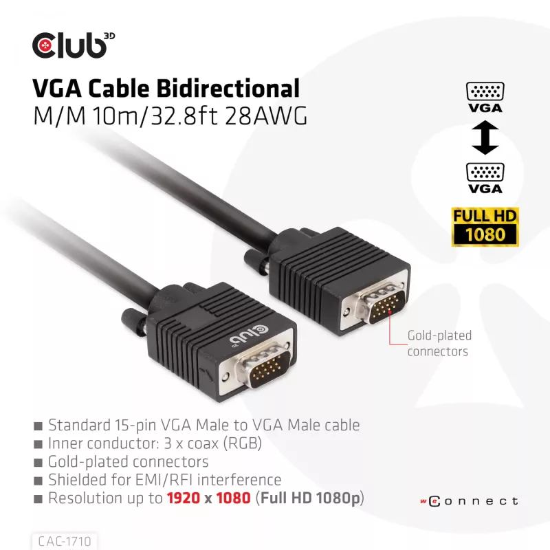Club 3D CAC-1710 VGA-Kabel HD-15 Stecker/Stecker, bidirektional, 10 m, 1080p, schwarz