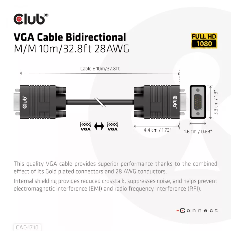 Club 3D CAC-1710 VGA-Kabel HD-15 Stecker/Stecker, bidirektional, 10 m, 1080p, schwarz
