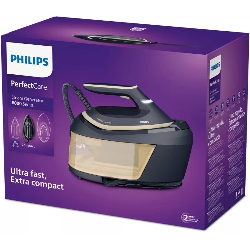 Philips PerfectCare 6000 Series PSG6066/20 Dampfbügelstation, 2400 W, 8 bar, 600 g/min Dampfstoß, 1,8 l Tank, SteamGlide Advanced Bügelsohle, Schwarz/Braun
