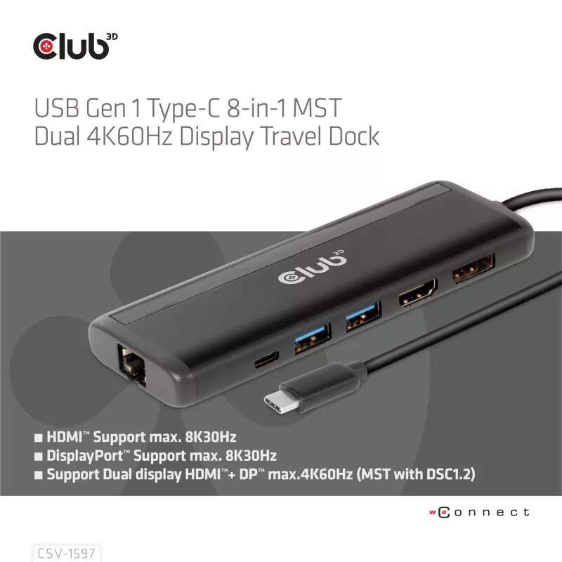 CLUB3D USB Gen 1 Type-C 8-in-1 MST Dual 4K60Hz Display Travel Dock
