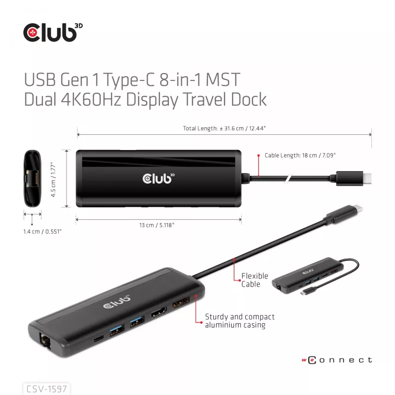 CLUB3D USB Gen 1 Type-C 8-in-1 MST Dual 4K60Hz Display Travel Dock