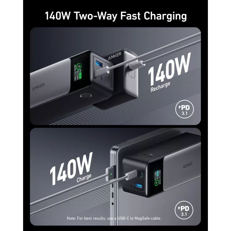 Tragbares Ladegerät Anker 737 (A1289011) – 24000 mAh, 140 W, 2× USB-C + 1× USB-A, Silber/Schwarz