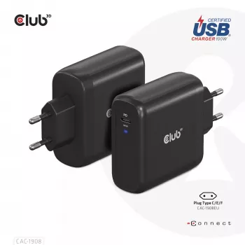 CLUB3D Reiseladegerät 100 Watt GaN-Technologie, USB-IF TID zertifiziert, Einzelanschluss USB Type-C, Power Delivery(PD) 3.0 Unterstützung