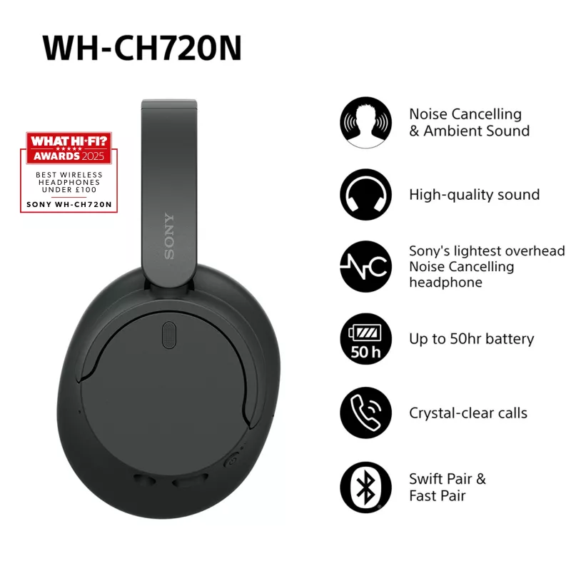 Sony WH-CH720N kabellose Kopfhörer mit Geräuschunterdrückung, schwarz (WHCH720NB.CE7)