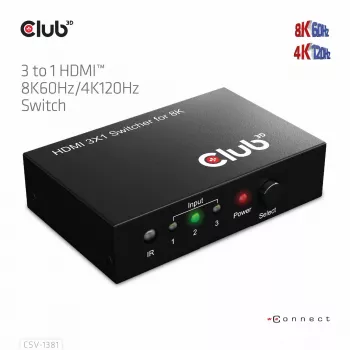 CLUB3D 3 auf 1 HDMI™ 8K60Hz/4K120Hz Switch, 7680 x 4320 Pixel, 8K Ultra HD, Schwarz