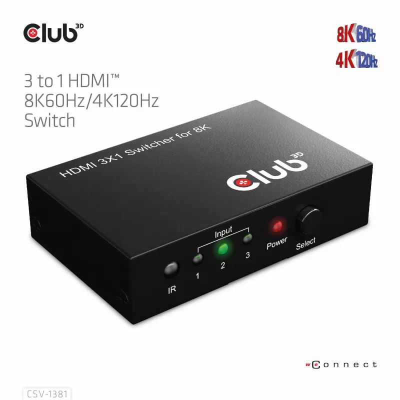 Club3D CSV-1381 HDMI-Switch 3-auf-1, 8K60Hz/4K120Hz