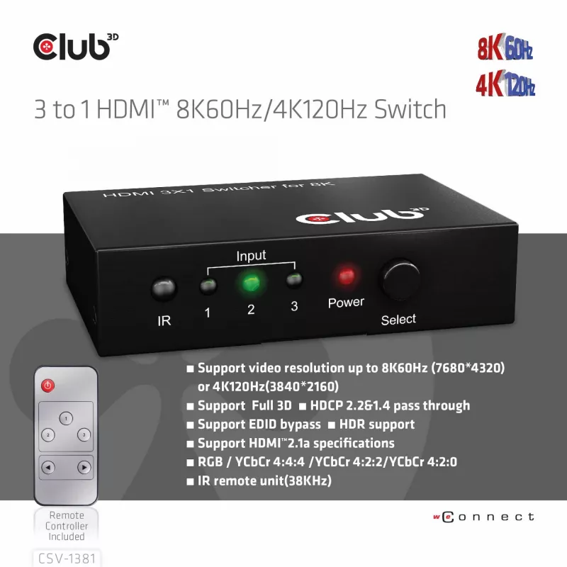 Club3D CSV-1381 HDMI-Switch 3-auf-1, 8K60Hz/4K120Hz