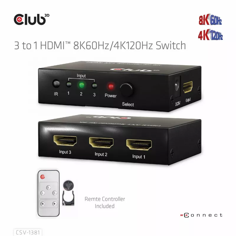 Club3D CSV-1381 HDMI-Switch 3-auf-1, 8K60Hz/4K120Hz