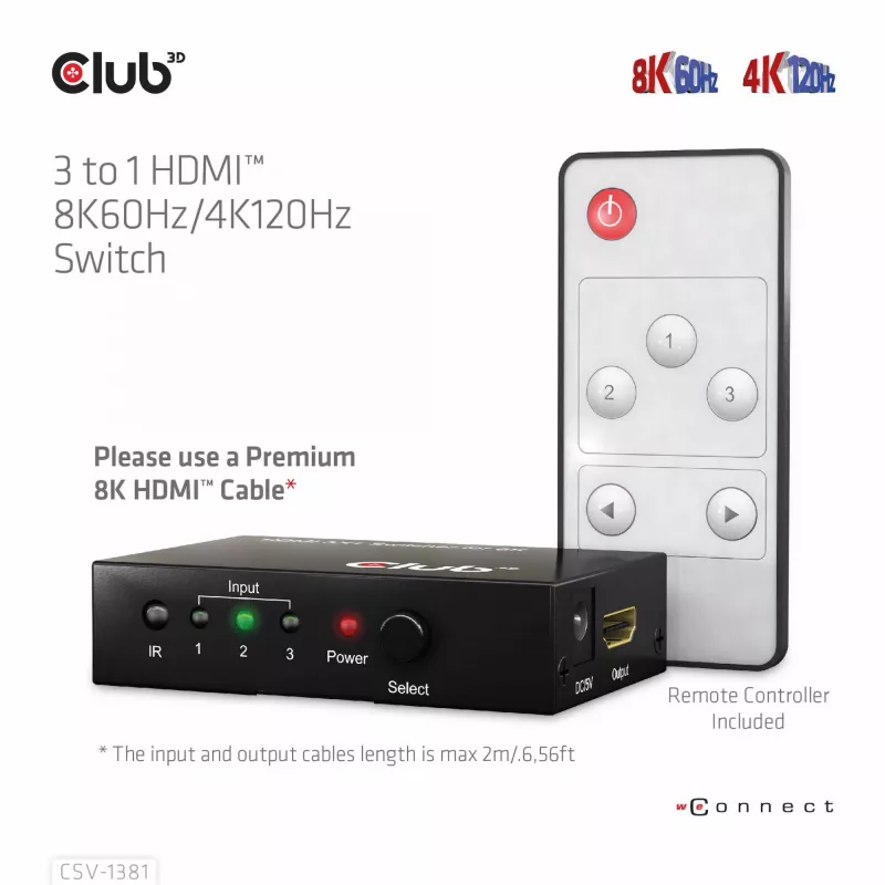 Club3D CSV-1381 HDMI-Switch 3-auf-1, 8K60Hz/4K120Hz
