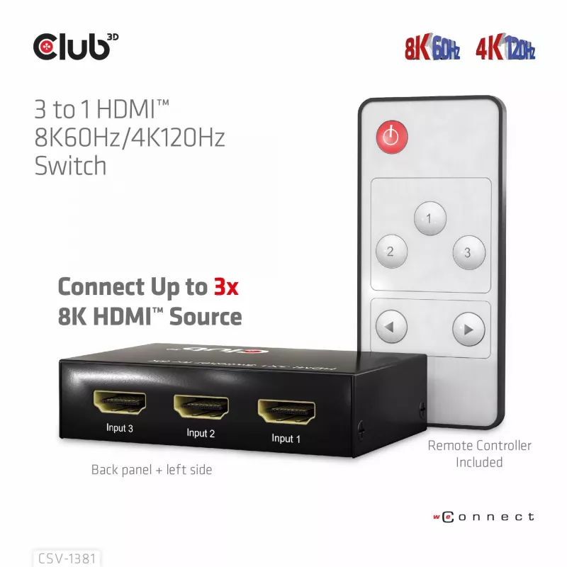 Club3D CSV-1381 HDMI-Switch 3-auf-1, 8K60Hz/4K120Hz