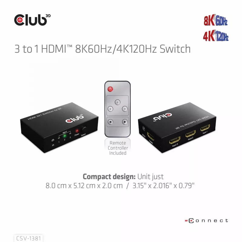 Club3D CSV-1381 HDMI-Switch 3-auf-1, 8K60Hz/4K120Hz