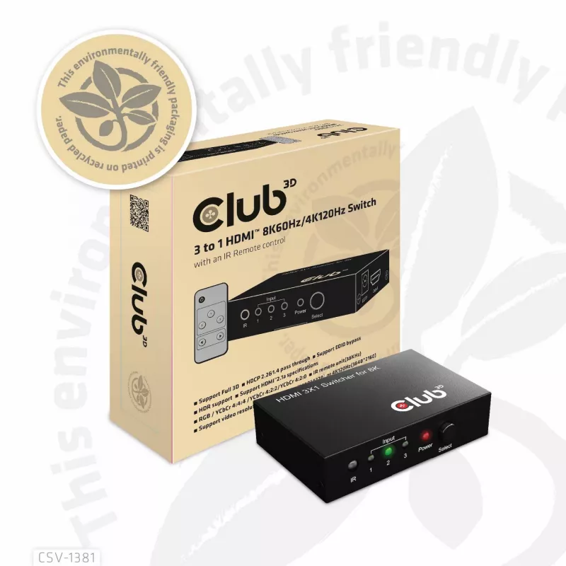 Club3D CSV-1381 HDMI-Switch 3-auf-1, 8K60Hz/4K120Hz