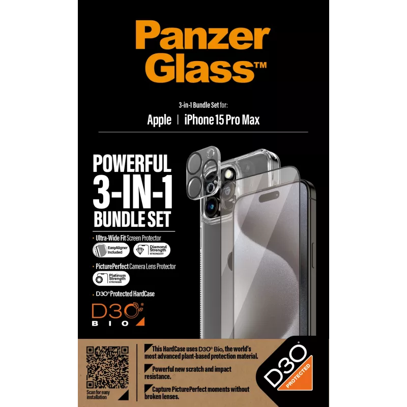 PanzerGlass ® 3-in-1 Bundle iPhone 15 Pro Max, Apple, Apple - iPhone 15 Pro Max, Trockenanwendung, Stoßfest, Transparent, 1 Stück