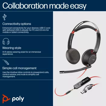 HP Poly Blackwire 5220 Stereo USB-C Headset + 3,5-mm-Klinkenstecker + USB-C/A-Adapter