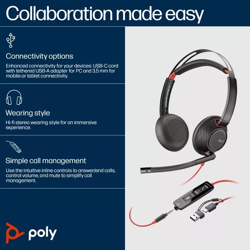 HP Poly Blackwire 5220 Stereo USB-C Headset + 3,5-mm-Klinkenstecker + USB-C/A-Adapter