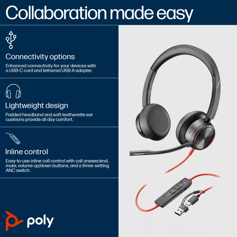 HP Poly Blackwire 8225 Stereo Microsoft Teams zertifiziertes USB-C Headset + USB-C/A Adapter
