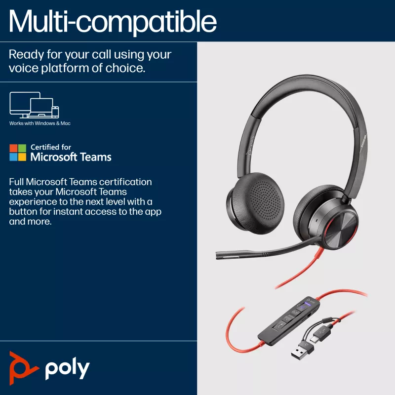 HP Poly Blackwire 8225 Stereo Microsoft Teams zertifiziertes USB-C Headset + USB-C/A Adapter