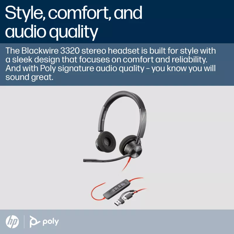 HP Poly Blackwire 3320 Stereo Microsoft Teams Certified USB-C Headset +USB-C/A Adapter