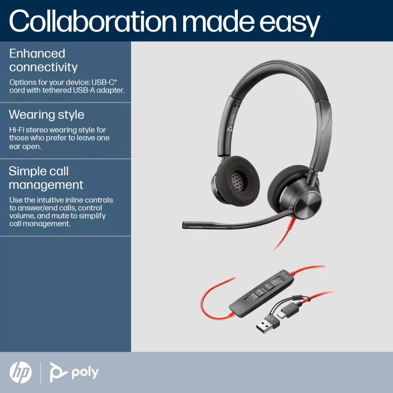 HP Poly Blackwire 3320 Stereo Microsoft Teams Certified USB-C Headset +USB-C/A Adapter