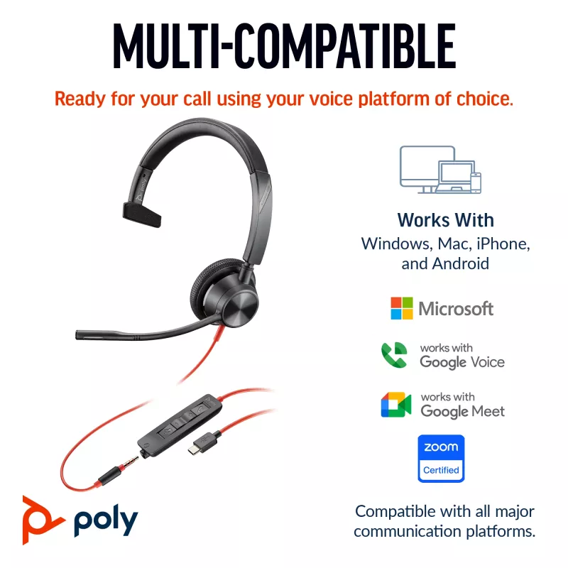 HP Poly Blackwire 3315 Mono-USB-C-Headset +3,5-mm-Stecker + USB-C/A-Adapter