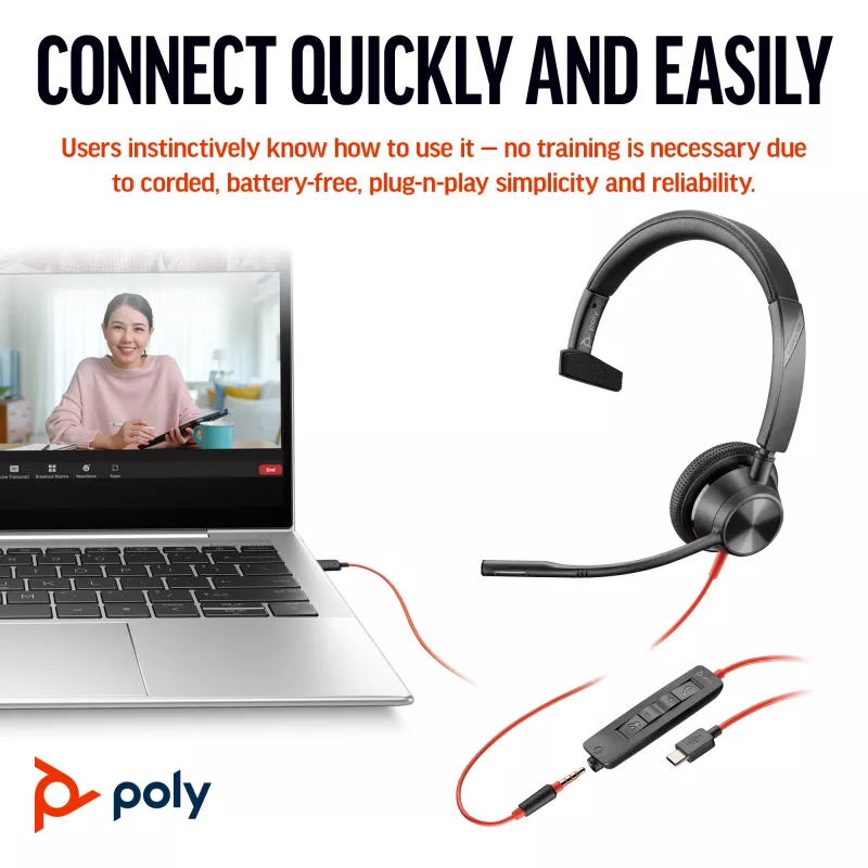 HP Poly Blackwire 3315 Mono-USB-C-Headset +3,5-mm-Stecker + USB-C/A-Adapter