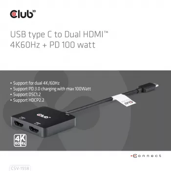 CLUB3D USB-C® Hub auf Dual HDMI™ 4K60Hz M/F+PD3.0 100 W