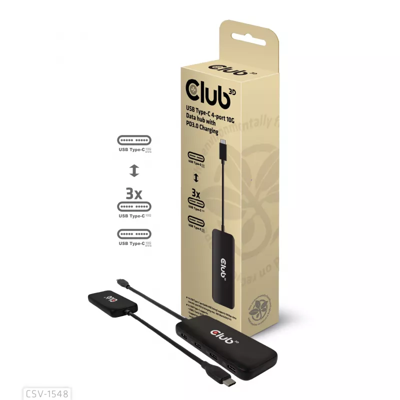 Club3D CSV-1548 USB-C-Hub, 4x USB-C 10 Gbps, 100W PD, Schwarz