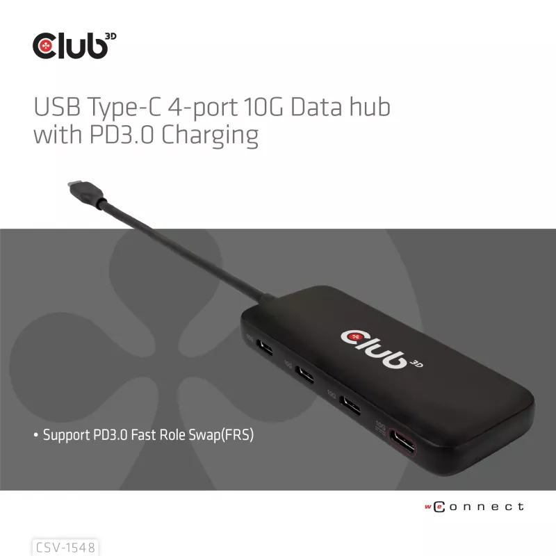 Club3D CSV-1548 USB-C-Hub, 4x USB-C 10 Gbps, 100W PD, Schwarz