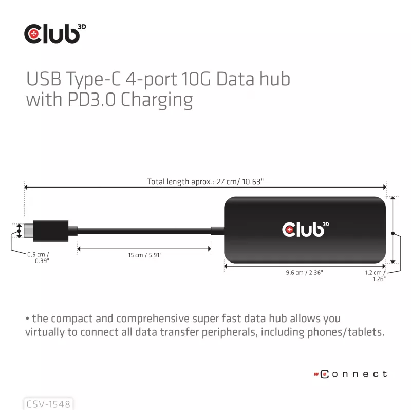 Club3D CSV-1548 USB-C-Hub, 4x USB-C 10 Gbps, 100W PD, Schwarz