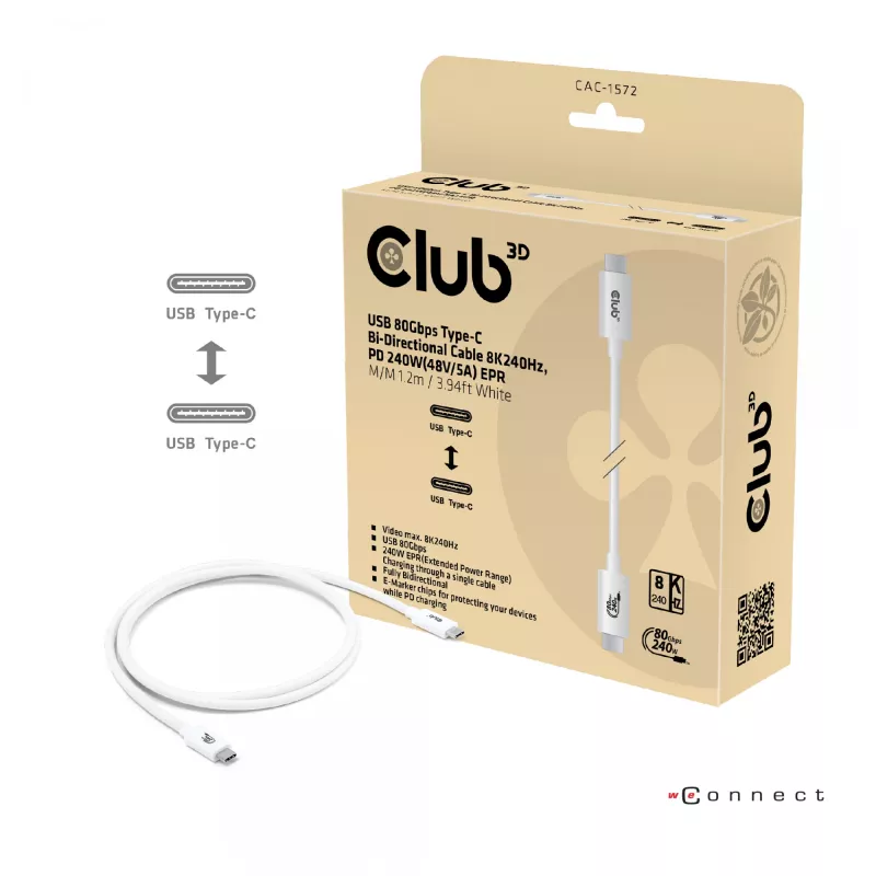 Club3D CAC-1572 USB-80-Gbps-zertifiziertes Kabel, USB-C auf USB-C, 240 W PD, 8K240Hz, 1,2 m, weiß