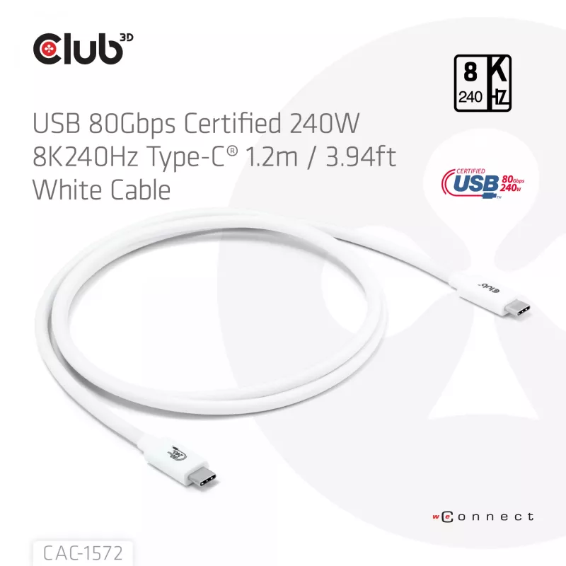 Club3D CAC-1572 USB-80-Gbps-zertifiziertes Kabel, USB-C auf USB-C, 240 W PD, 8K240Hz, 1,2 m, weiß