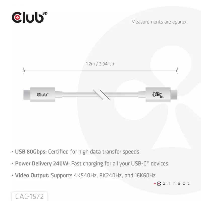 Club3D CAC-1572 USB-80-Gbps-zertifiziertes Kabel, USB-C auf USB-C, 240 W PD, 8K240Hz, 1,2 m, weiß