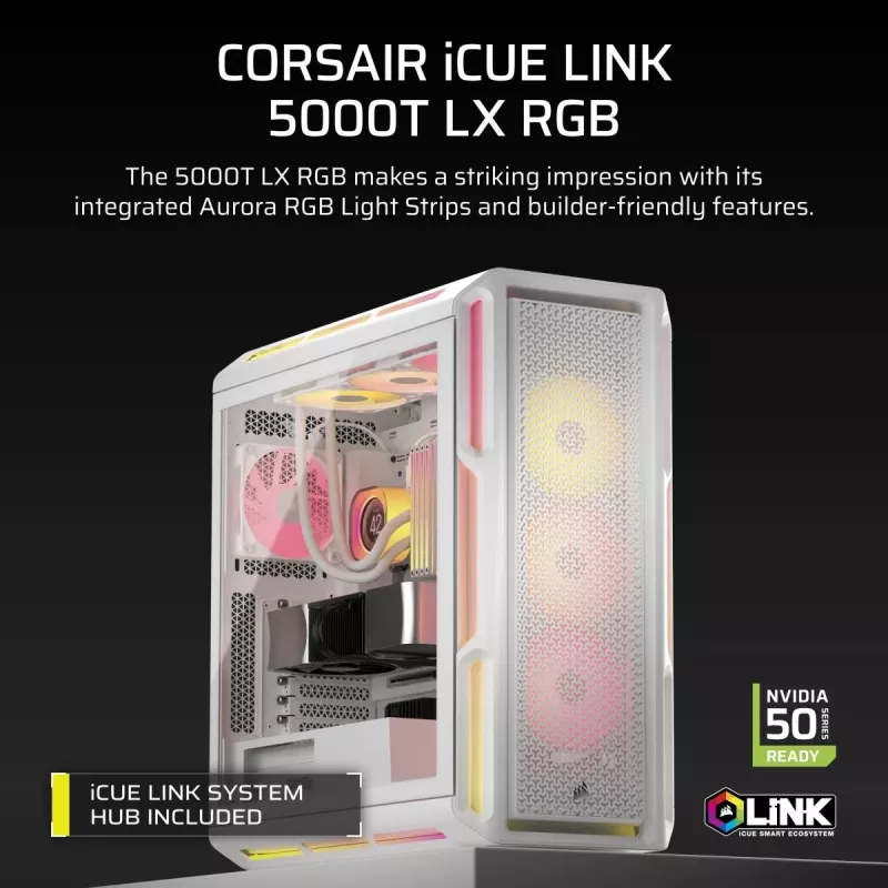 CORSAIR PC-Gehäuse - 5000T LX RGB Midi-Tower (tempered Glass) Weiß
