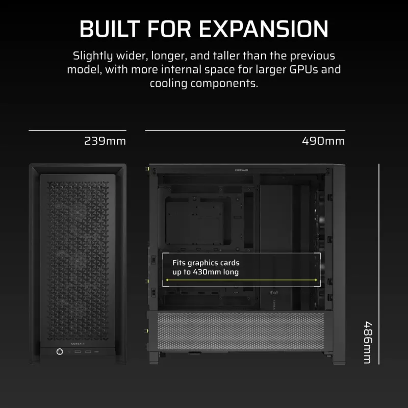 PC-Gehäuse CORSAIR FRAME 4000D RS Midi Tower — schwarz, EATX-Unterstützung, gehärtetes Glas, USB-C, 3x120-mm-Frontlüfter