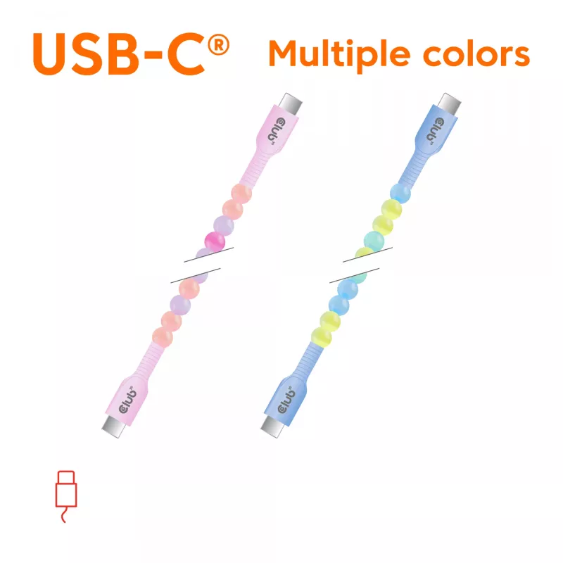 Club 3D CAC-3010 USB-C-auf-USB-C-Perlen-Kabel, 2 m, PD 60 W, 480 Mbit/s, Rosa